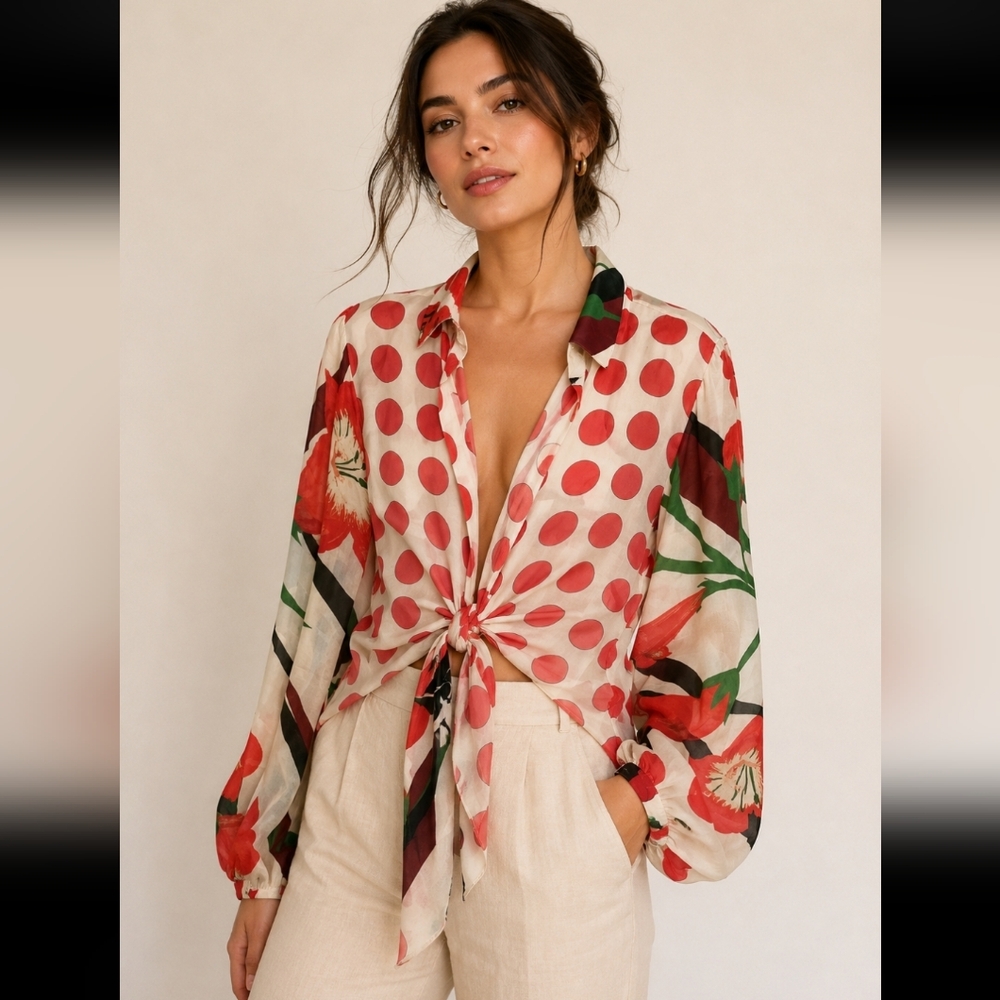 Tie-Front Polka Dot & Floral Blouse - Red/Cream